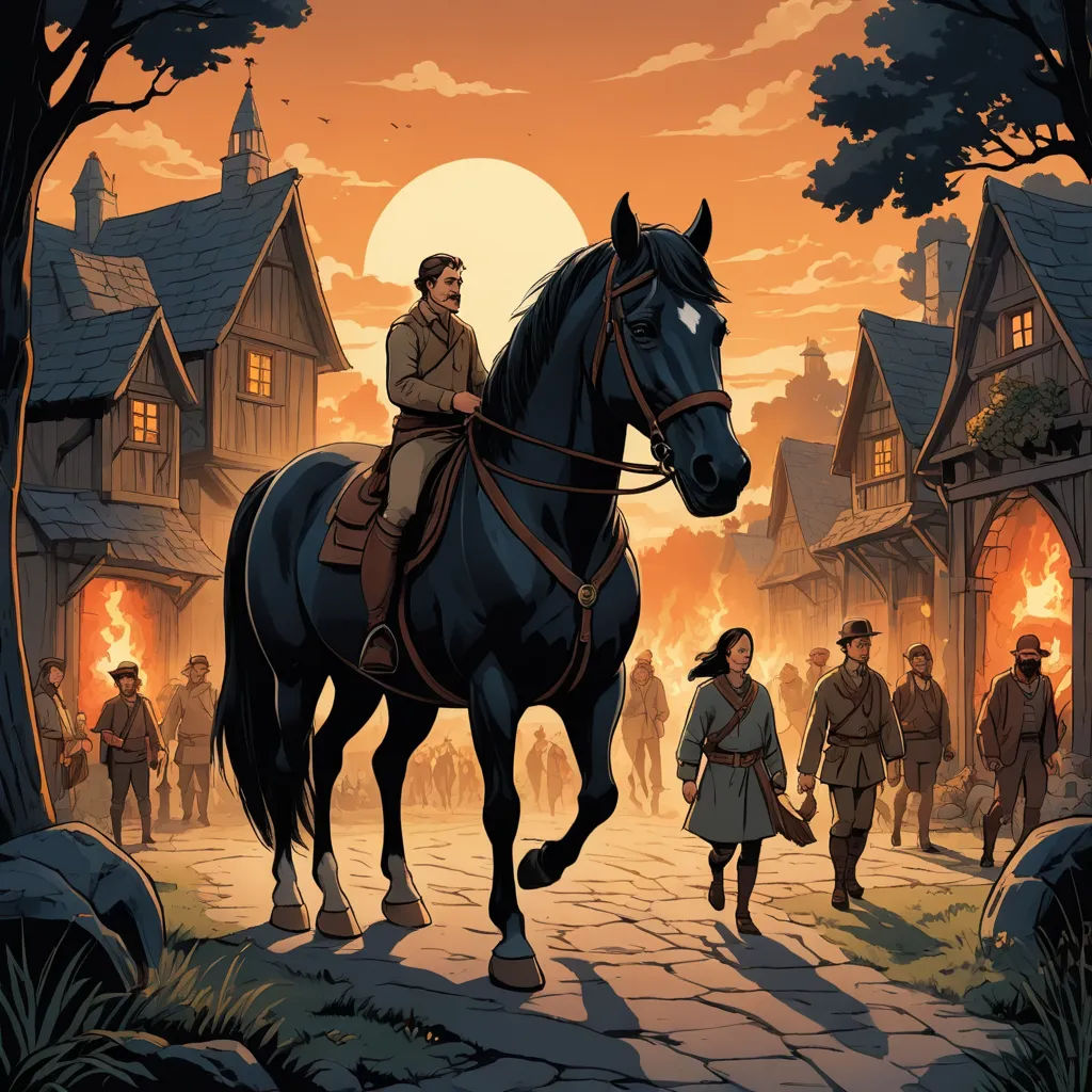 a man riding a horse in a village with people walking around it and a full moon in the background, fantasy art, a storybook illustration, Dan Mumford, comic cover art