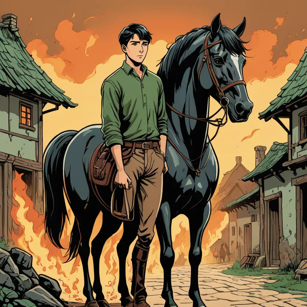 a man standing next to a horse on a street near a fire hydrant and a building with a roof, context art, a comic book panel, Diego Gisbert Llorens, western comic book art