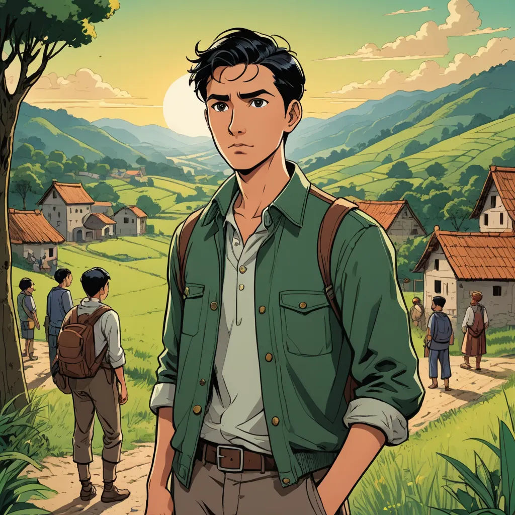 a man standing in front of a forest with a house on it and a group of people standing around, serial art, a character portrait, Cedric Seaut (Keos Masons), official art