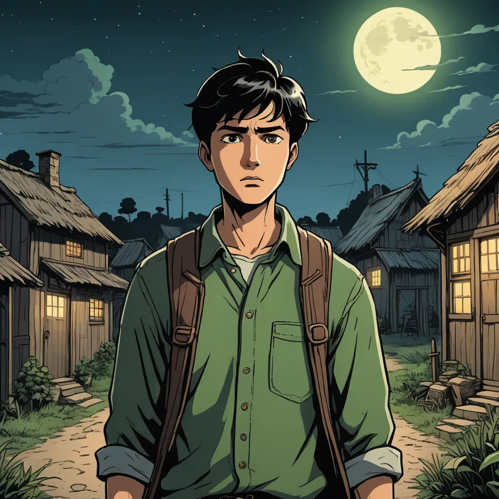 a man standing in front of a full moon with a backpack on his shoulder and a green shirt on, serial art, a character portrait, David Park, comic cover art