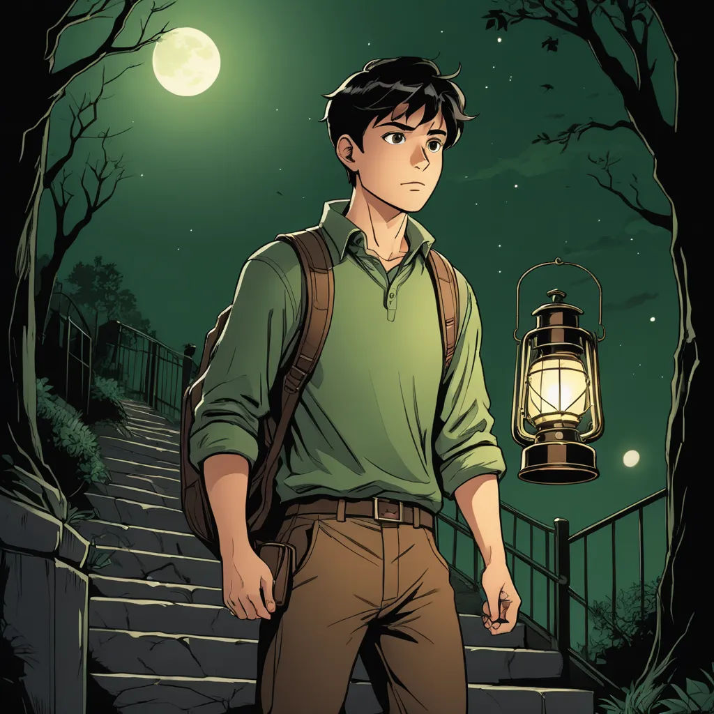 a man with a backpack and a lantern on his shoulder standing on a set of stairs at night with a full moon in the background, sots art, a comic book panel, Cedric Seaut (Keos Masons), comic cover art