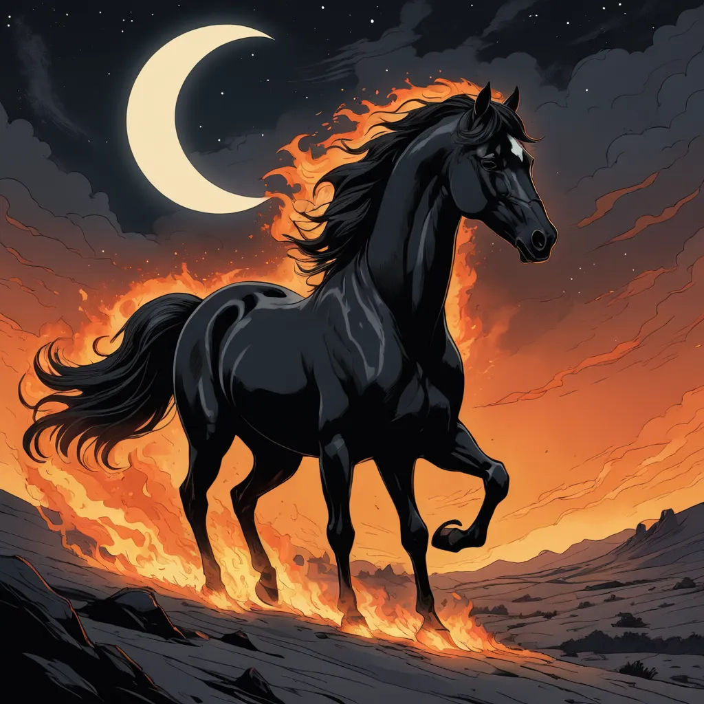 a horse running in the desert at night with a full moon in the background and a crescent of fire in the sky, symbolism, an album cover, Dan Mumford, comic cover art