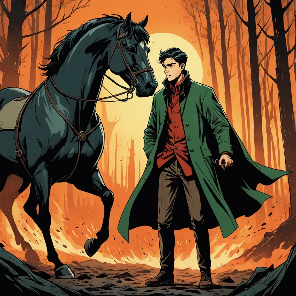 a man in a green coat standing next to a horse in a forest with a red sun behind him, neo-romanticism, a comic book panel, Diego Gisbert Llorens, graphic novel