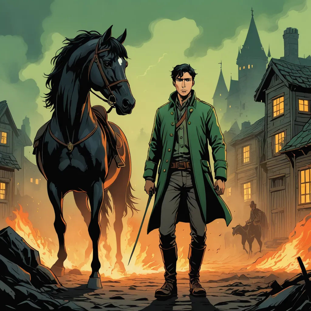 a man standing next to a horse in a town with a fire burning behind him and a building on the other side, fantasy art, a comic book panel, Diego Gisbert Llorens, comic cover art