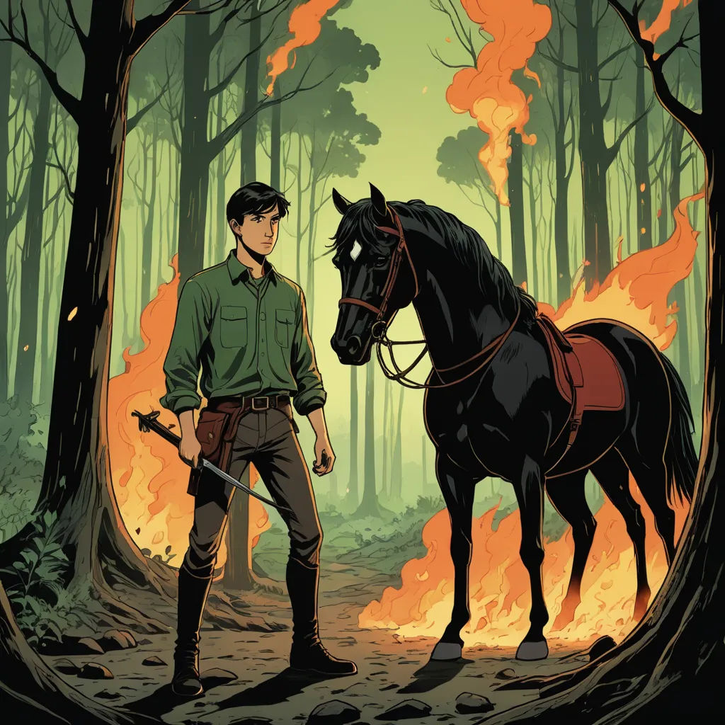 a man standing next to a horse in a forest with a fire in the background and a forest fire burning behind him, private press, a comic book panel, Diego Gisbert Llorens, western comic book art