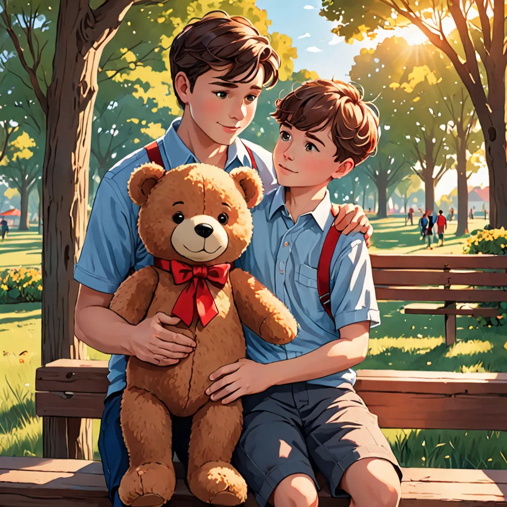 a boy and a boy sitting on a bench with a teddy bear in front of them, with a park in the background, socialist realism, a storybook illustration, Brothers Hildebrandt, official art