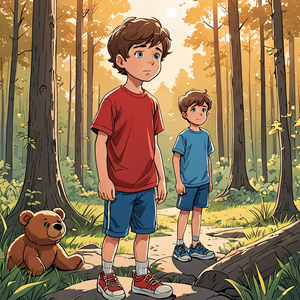 a boy and a boy standing in the woods with a bear nearby, and a boy in the foreground, serial art, a storybook illustration, Brothers Hildebrandt, comic cover art