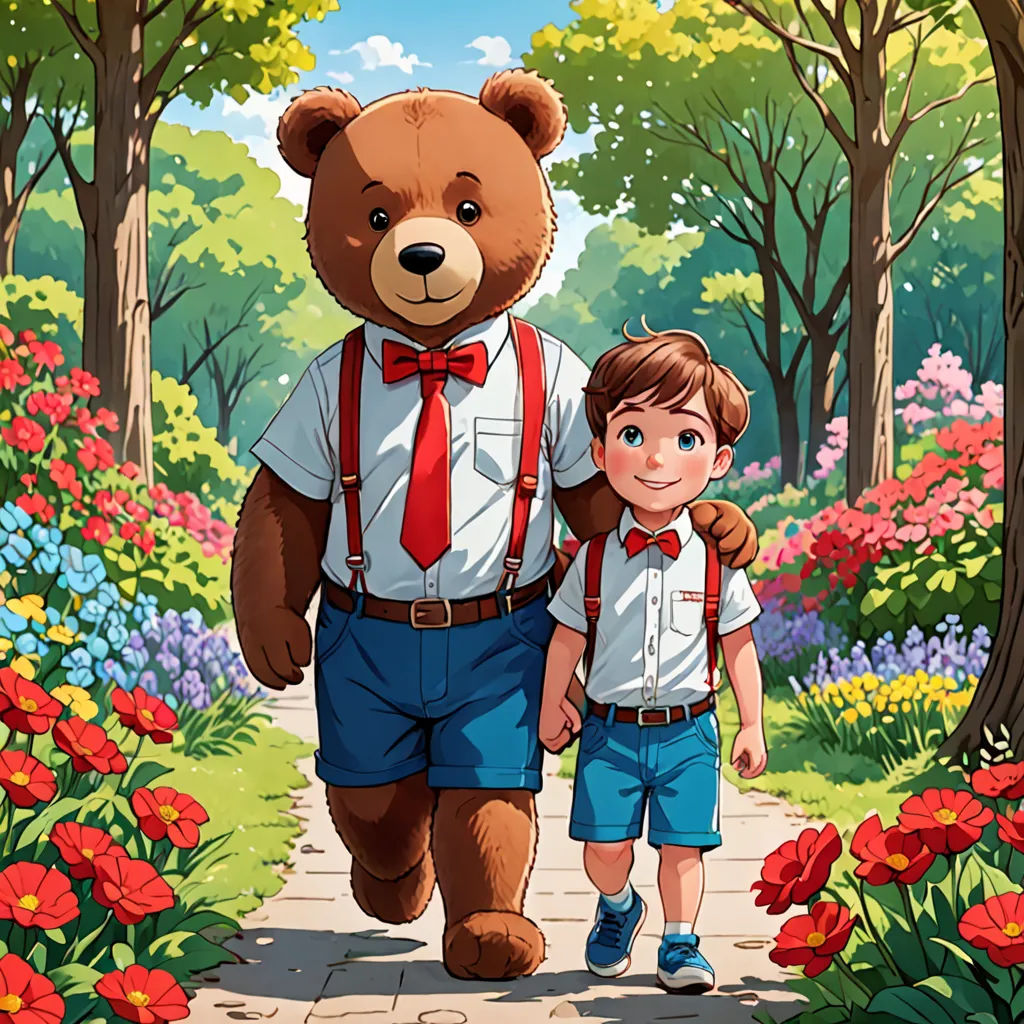 a boy and a girl are walking through a flower garden with a large teddy bear on their back and a red bow tie, furry art, a storybook illustration, Americo Makk, official art
