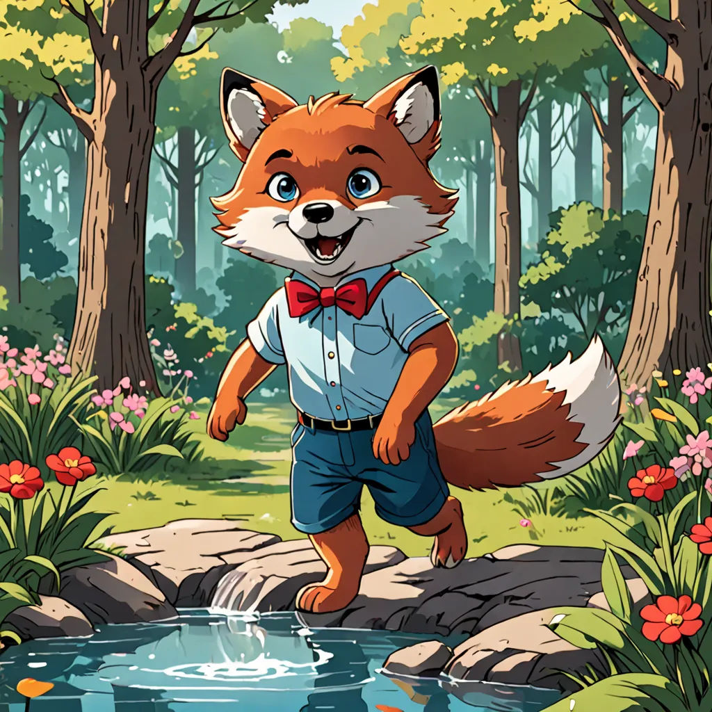 a cartoon fox in a bow tie and shorts by a pond with a fish in it's mouth, furry art, a storybook illustration, Cliff Childs, official art