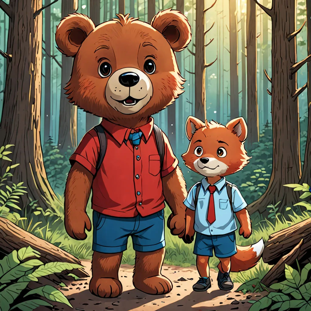 a brown bear and a red fox are walking in the woods together, with a forest background and sunlight shining through the trees, furry art, a storybook illustration, Chris LaBrooy, official art