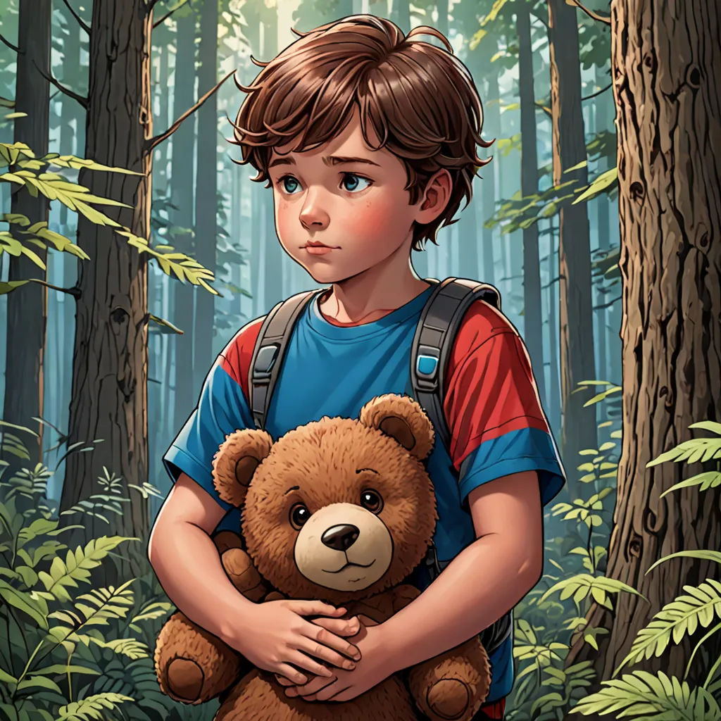 a boy holding a teddy bear in a forest with trees and ferns behind him, with a forest background, serial art, a storybook illustration, Dan Mumford, comic cover art