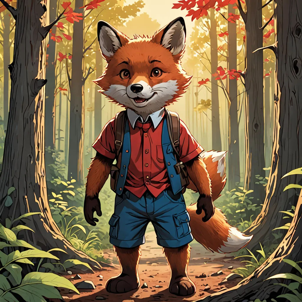 a red fox with a backpack in a forest with leaves on the ground and a forest path with trees, furry art, a storybook illustration, Aaron Jasinski, official art