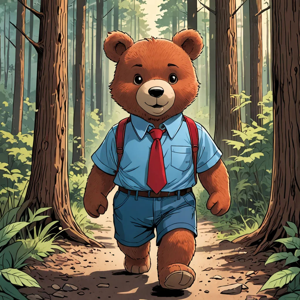 a brown teddy bear wearing a blue shirt and tie walking through a forest with trees and leaves on either side of him, furry art, a character portrait, Dan Mumford, official art