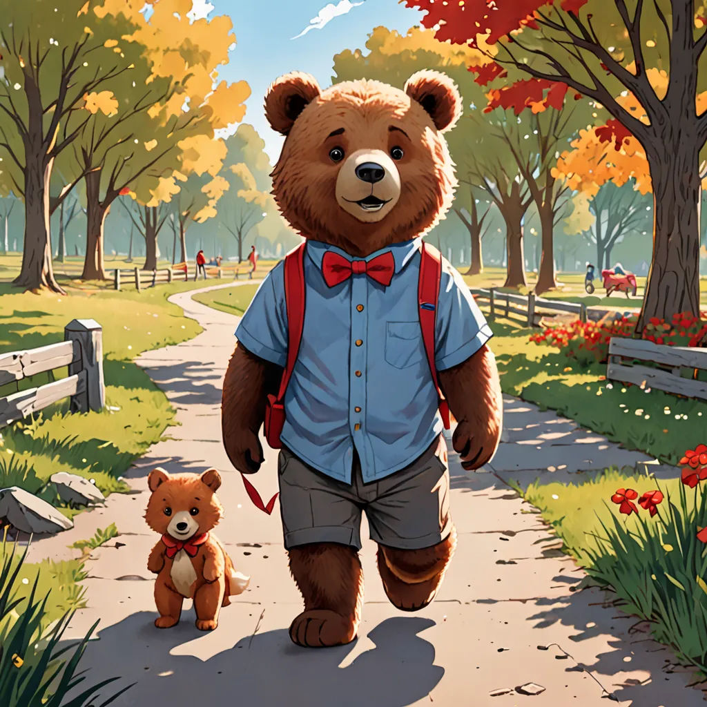 a painting of a bear and a teddy bear walking down a path in a park with trees and flowers, furry art, a storybook illustration, Chris LaBrooy, storybook illustration