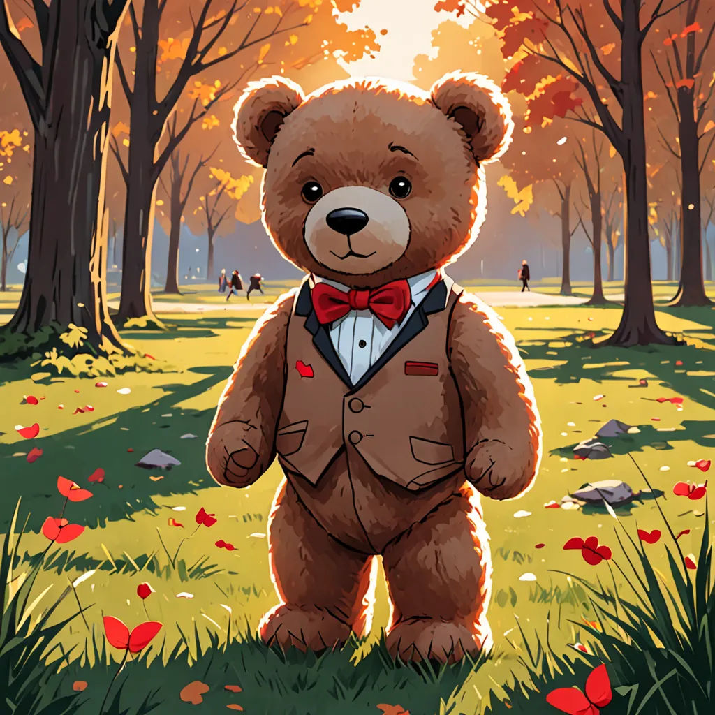 a teddy bear wearing a suit and bow tie standing in a field of flowers and trees with a person in the background, serial art, a character portrait, Dan Mumford, official art