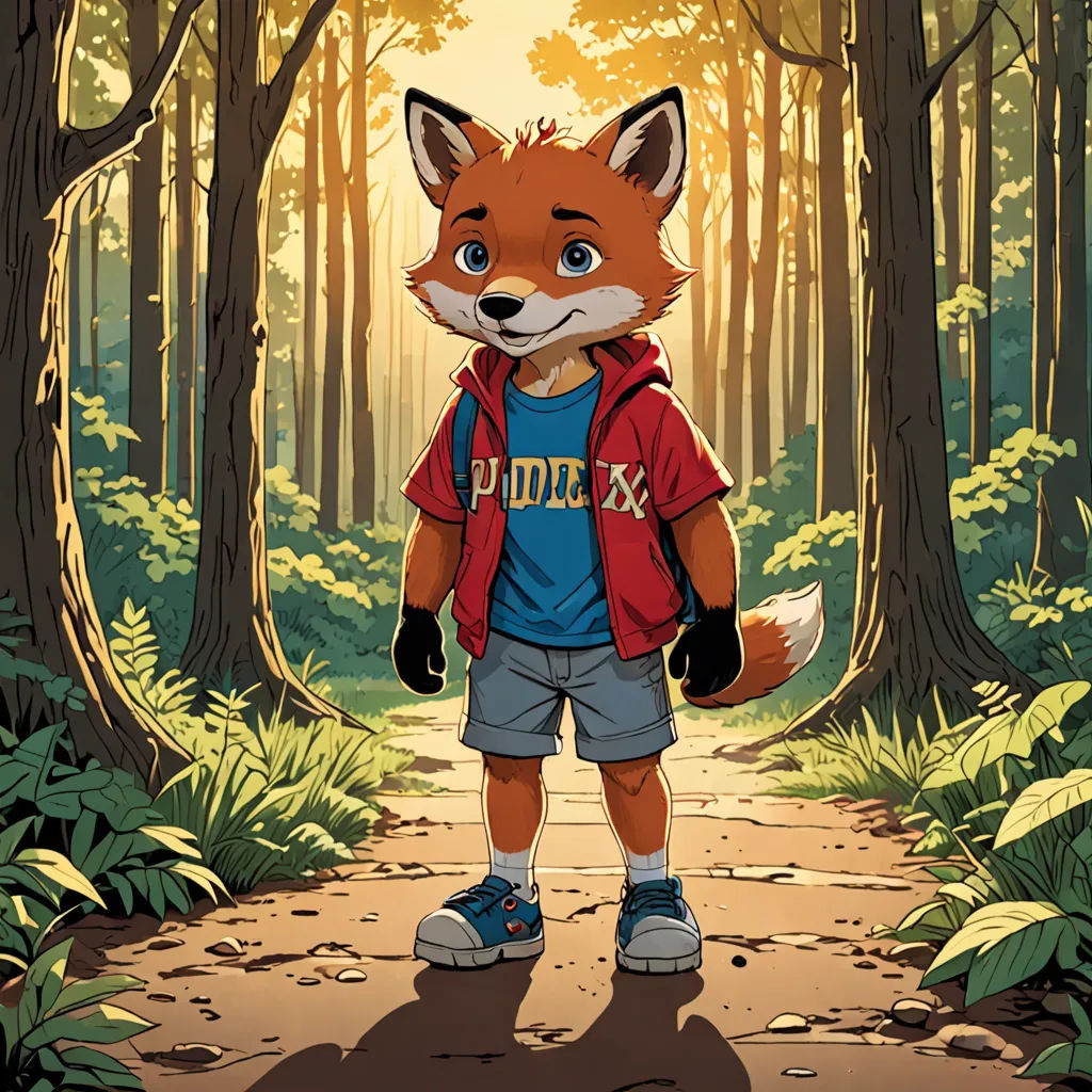 a cartoon of a fox with a backpack on a path in the woods with trees and leaves on either side, sots art, a comic book panel, Adam Rex, comic cover art