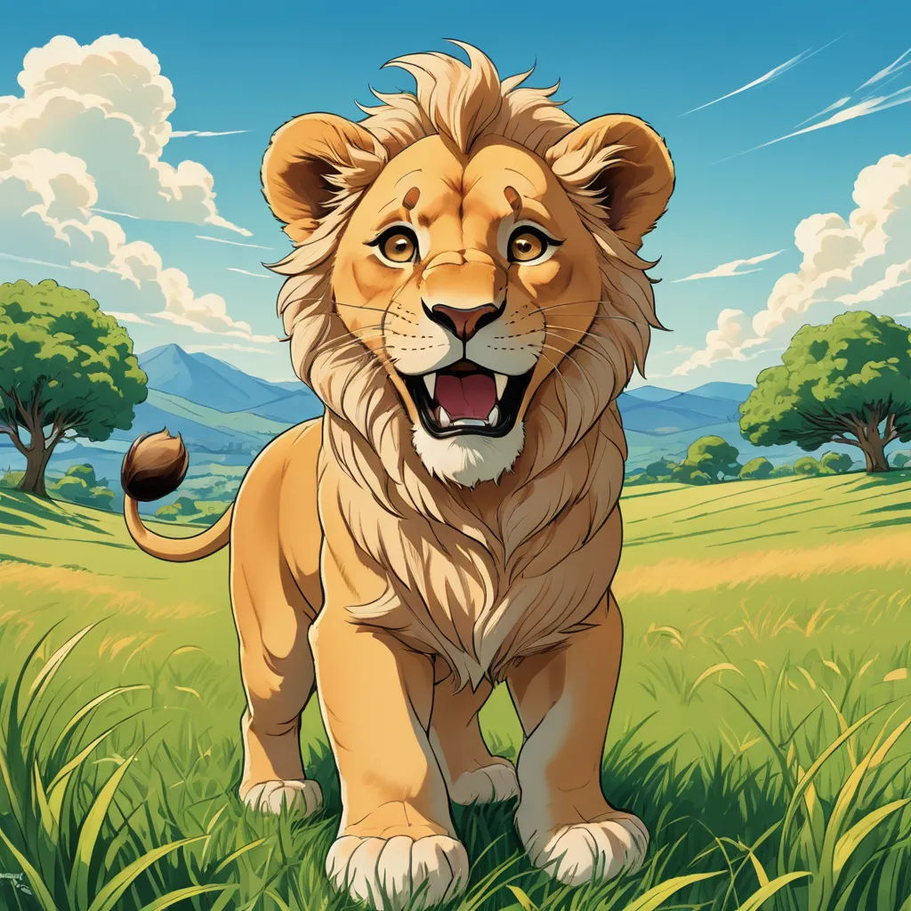 a lion standing in a field with a sky background and clouds in the background, with a ball in its mouth, furry art, a character portrait, Chris LaBrooy, official art