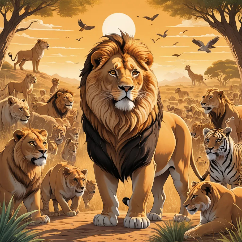 a painting of a lion surrounded by other animals in a field with trees and birds in the background,, furry art, an album cover, Chris LaBrooy, furaffinity
