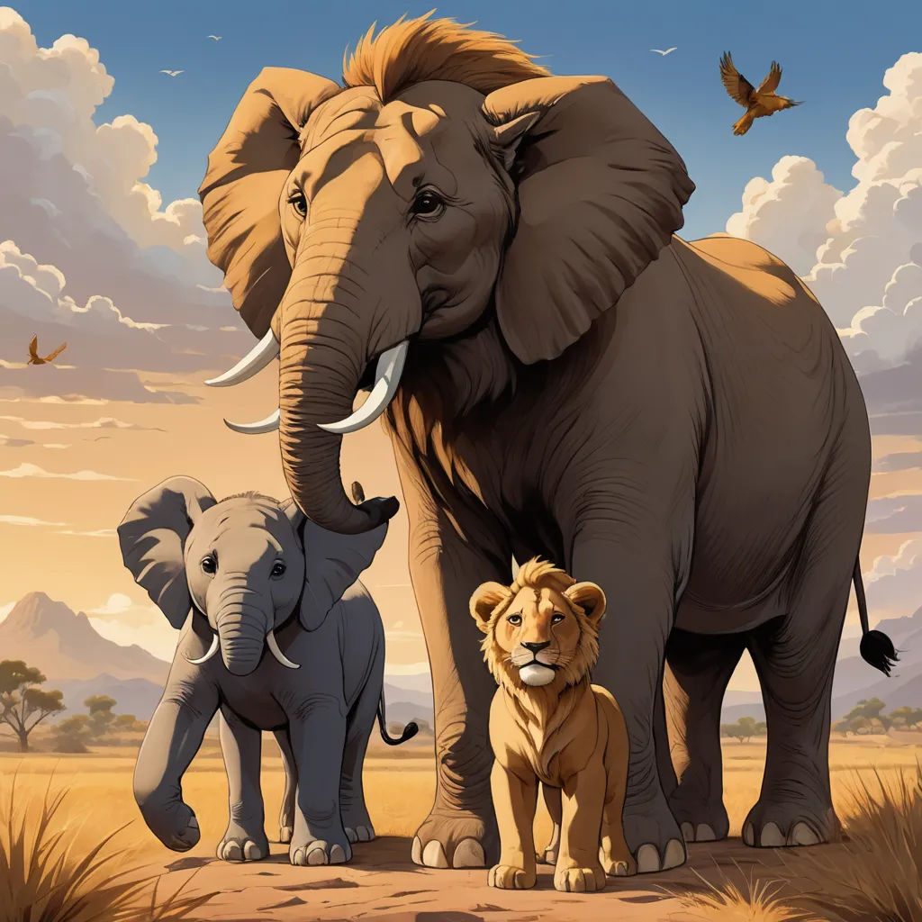 a group of elephants standing next to each other on a field of grass and dirt with a bird flying above, fantastic realism, a storybook illustration, Brothers Hildebrandt, highly detailed digital painting