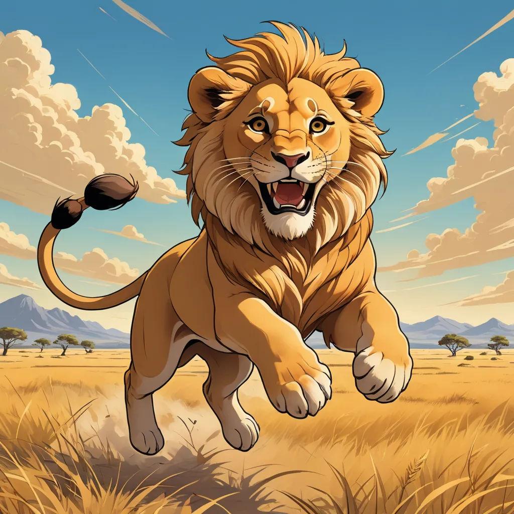 a cartoon lion running through a field of grass with a sky background and clouds in the background, with a blue sky and clouds, furry art, a comic book panel, Chris LaBrooy, official art