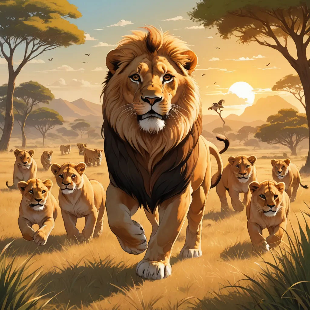 a painting of a lion running through a field with other lions in the background and a sunset in the background, furry art, an oil painting, Chris LaBrooy, official art