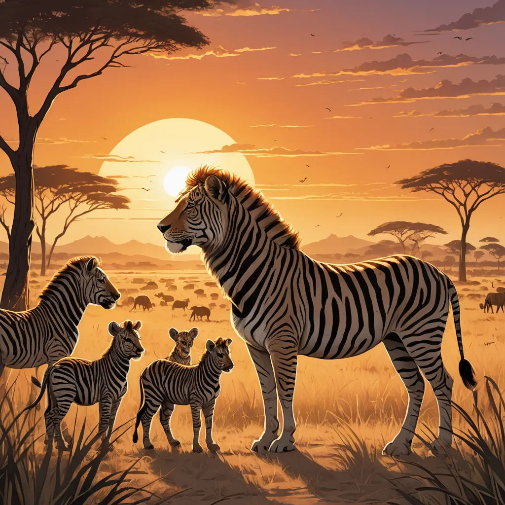 a painting of a zebra family in the wild at sunset with other zebras in the background and a full moon in the sky, naturalism, a storybook illustration, Brothers Hildebrandt, furaffinity