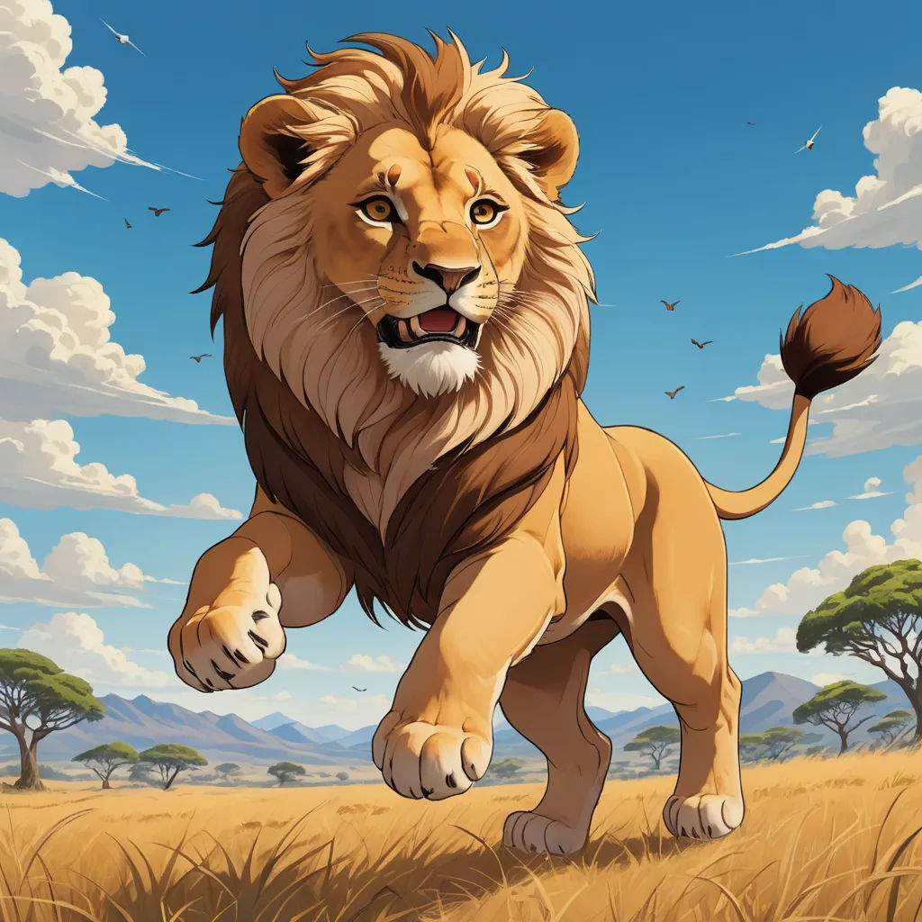a lion running across a dry grass field with trees in the background and clouds in the sky above it, furry art, a digital painting, Chris LaBrooy, magic the gathering artwork