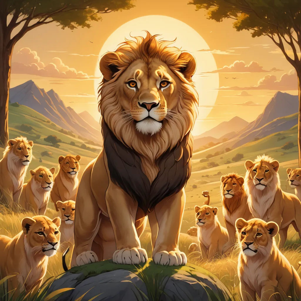 a lion standing in front of a group of lions in a forest with a sunset behind it and a mountain range in the background, furry art, a digital painting, Chris LaBrooy, official art