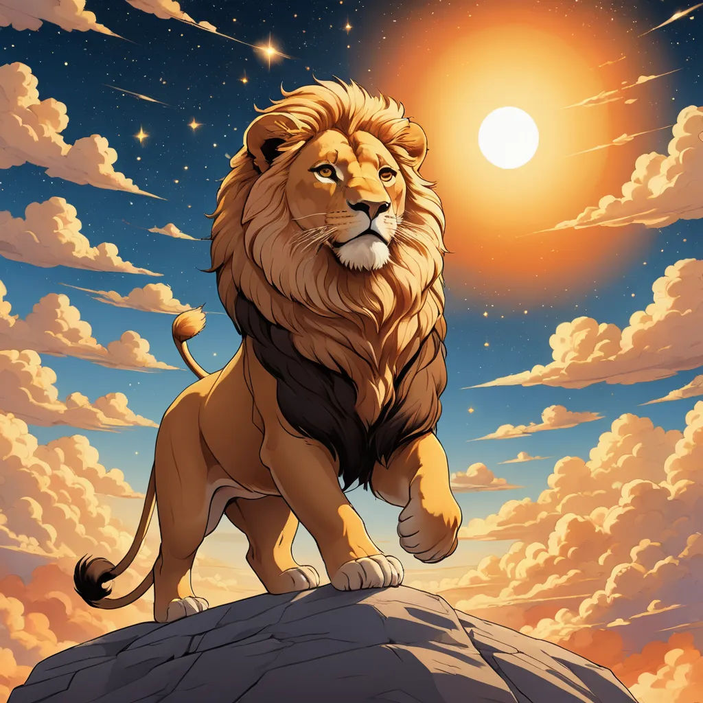 a lion standing on top of a rock under a cloudy sky with the sun in the background and clouds, fantasy art, a digital painting, Chris LaBrooy, trending on art station
