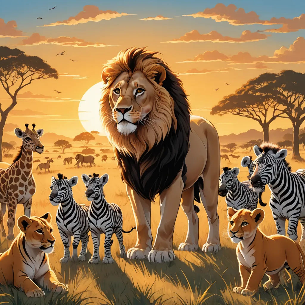 a lion and a group of zebras in a field with a sunset in the background and a group of giraffes in the foreground, naturalism, a storybook illustration, Chris LaBrooy, furaffinity