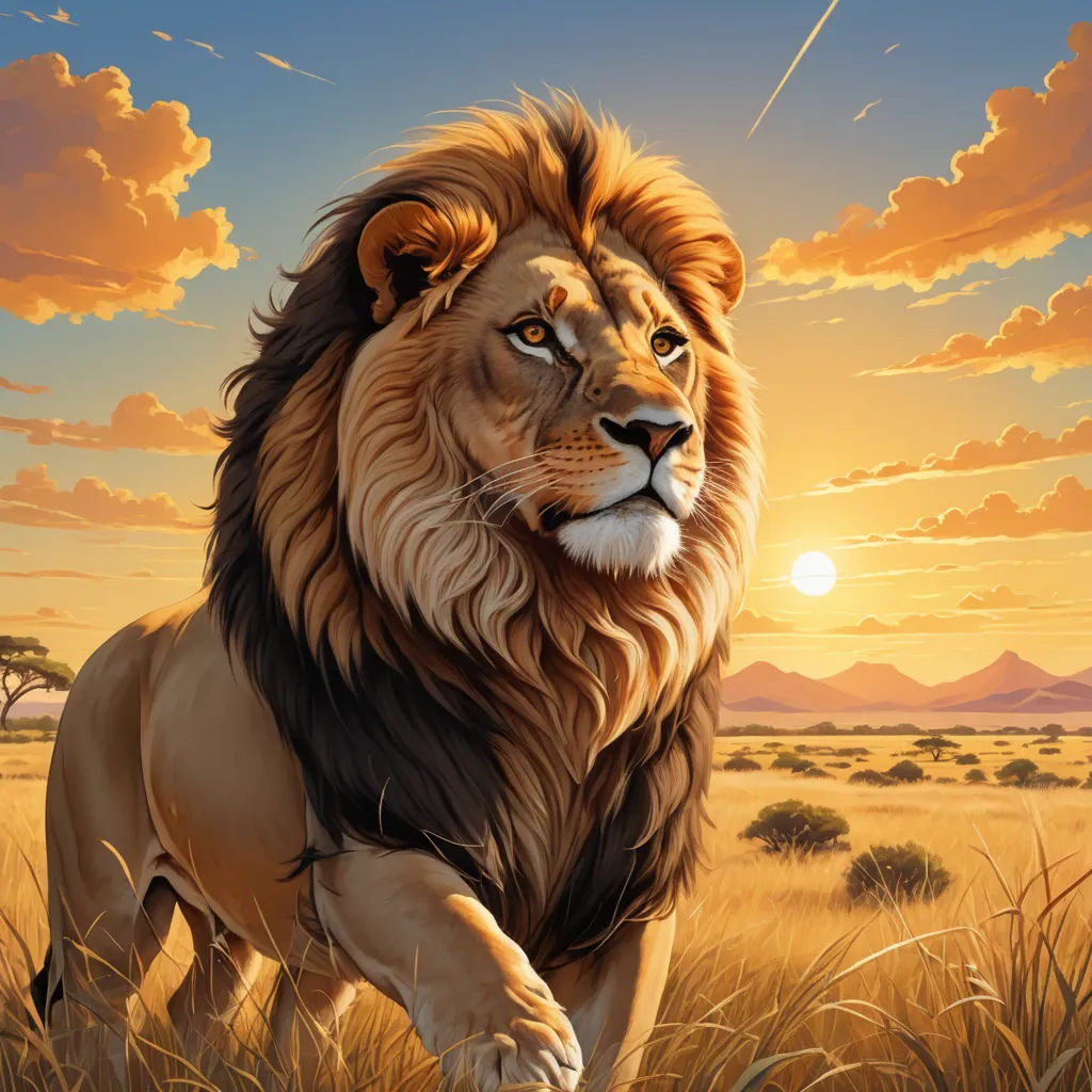 a lion is walking through a field of grass at sunset with the sun in the background and clouds in the sky, furry art, an airbrush painting, Chris LaBrooy, majestic