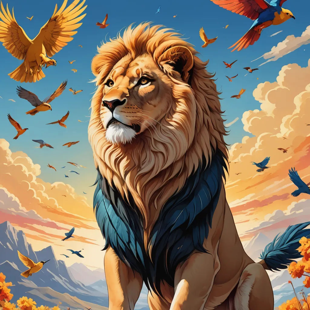a lion surrounded by birds in a field of flowers and trees with a sky background that has a sunset, fantasy art, a digital painting, Chris LaBrooy, highly detailed digital painting