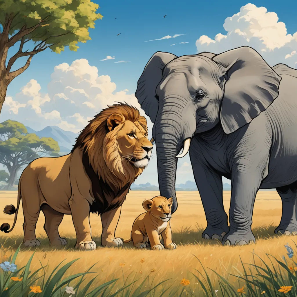 a lion and a lioness standing in a field with a tree and clouds in the background, with a sky background, lyco art, a storybook illustration, Chris LaBrooy, official art