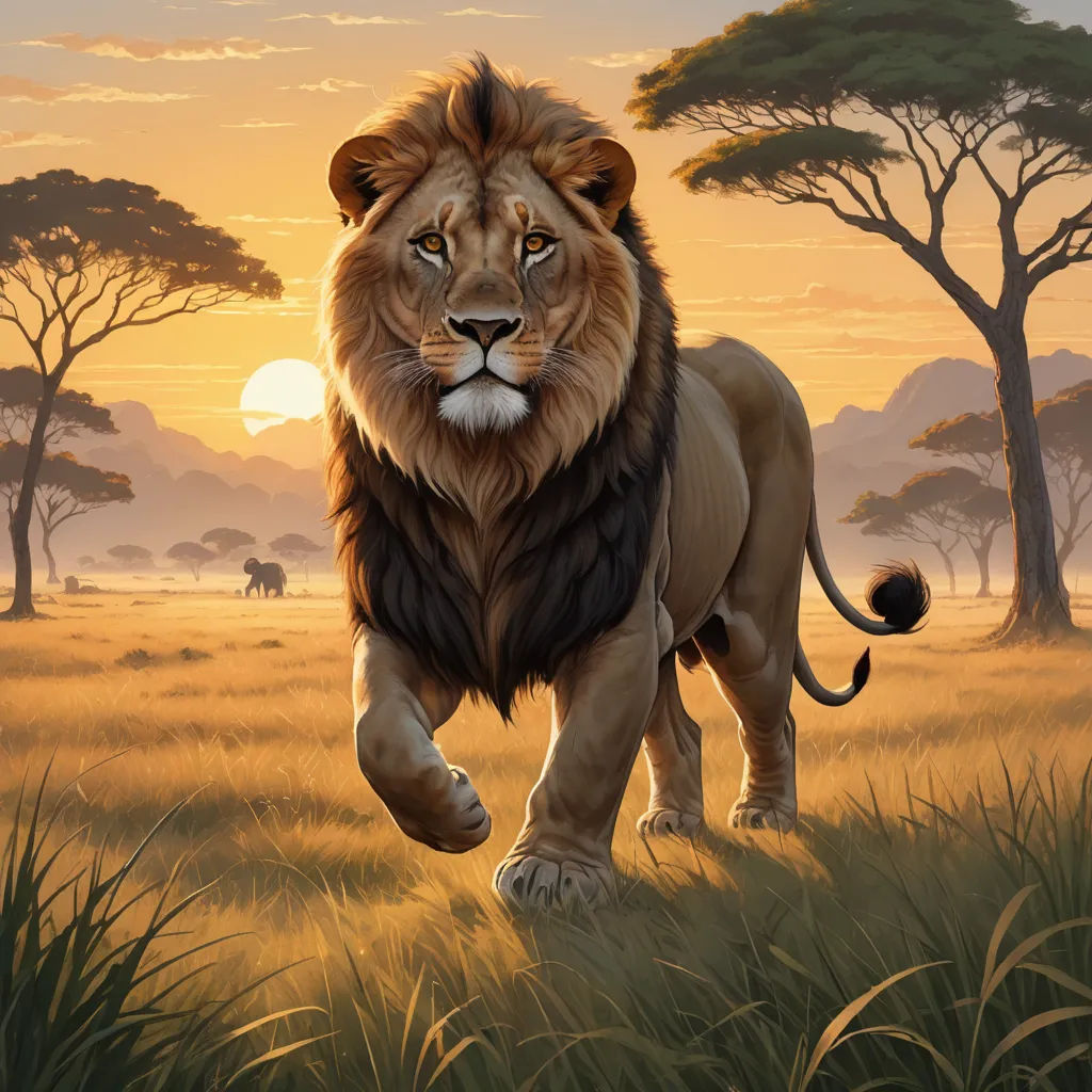 a lion walking through a field of grass at sunset with trees in the background and a lion in the foreground, fantasy art, a digital painting, Chris LaBrooy, magic the gathering artwork