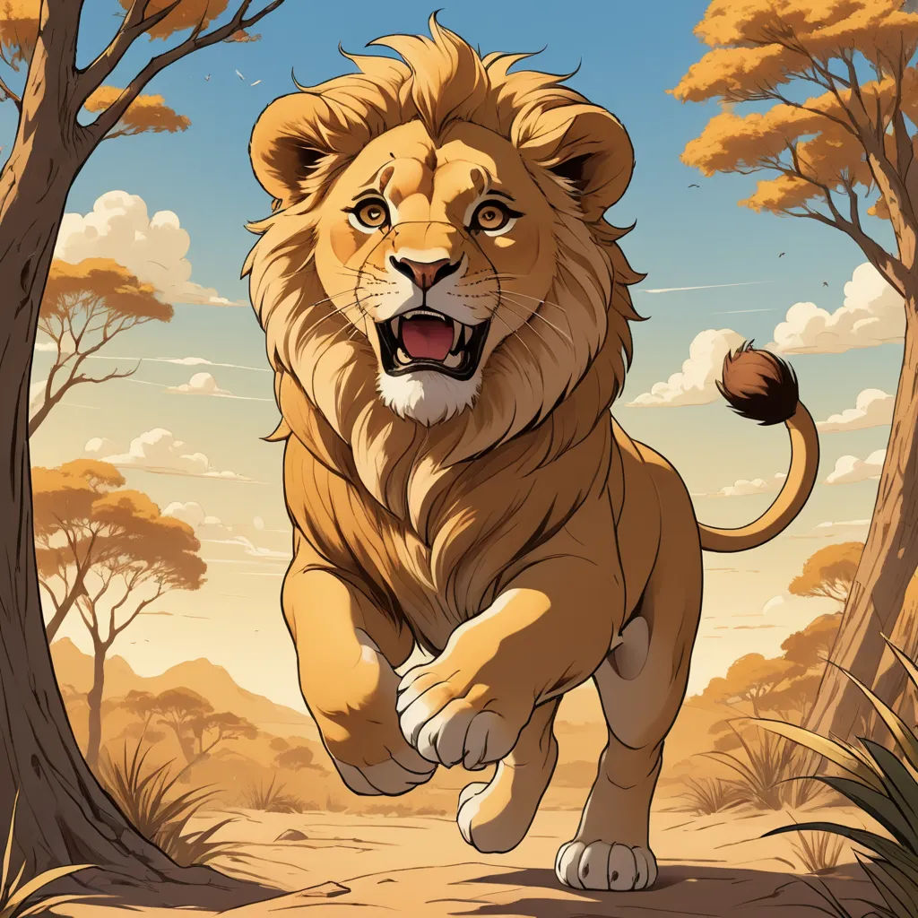 a lion running through a forest with trees in the background and a sky background with clouds and trees in the foreground, fantasy art, a comic book panel, Chris LaBrooy, official art