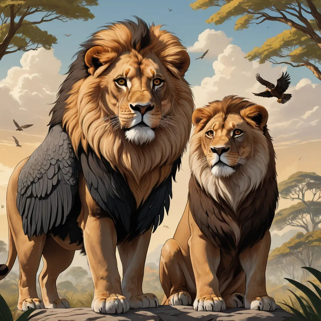 a painting of two lions standing on a rock in the jungle with a bird flying above them and a bird flying above them, furry art, a digital painting, Brothers Hildebrandt, highly detailed digital painting
