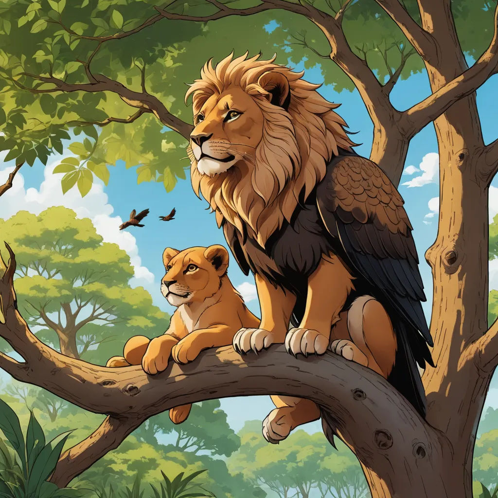 a lion and a lion cub sitting on a tree branch in a jungle setting with a bird flying overhead, furry art, a storybook illustration, Chris LaBrooy, official art
