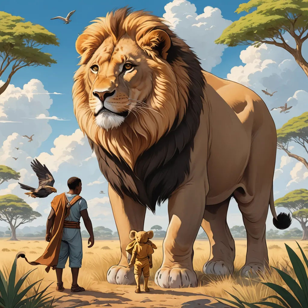 a man and a child are standing in front of a lion and a bird in the background, with a bird flying above, fantasy art, a storybook illustration, Chris LaBrooy, trending on art station