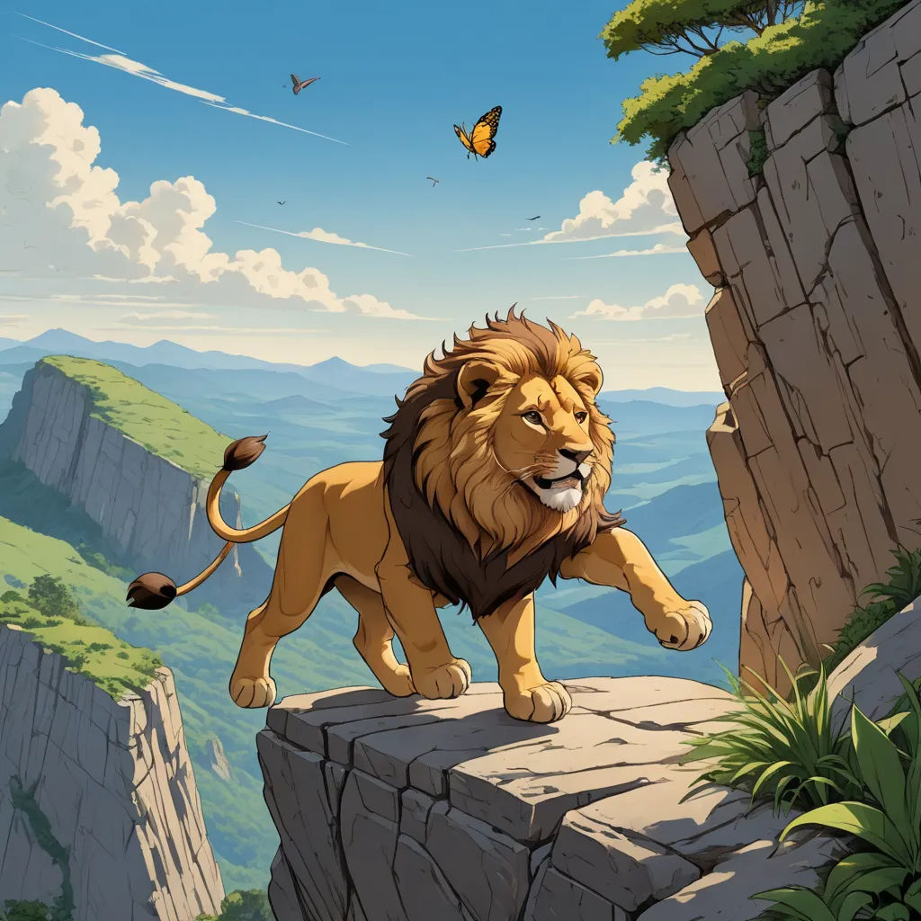 a lion standing on a rock ledge with a butterfly flying above it and a butterfly flying above it,, fantasy art, a detailed matte painting, Chris LaBrooy, official art