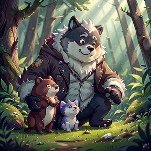 a man in a jacket with two dogs in the woods with trees and grass behind him, and a forest background