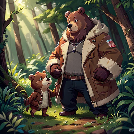 a man in a brown jacket and a brown bear in a forest with trees and grass and sunlight shining through the trees