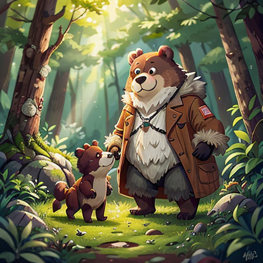 a bear and a bear cub in the woods with a forest background and sunlight coming through the trees and leaves