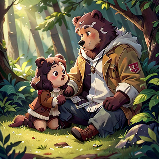 a man and a little girl sitting in the woods with a bear on their lap and a bear on their lap