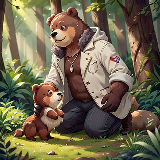 a man kneeling down next to a bear in the forest with a baby bear on his lap and a bear on his lap
