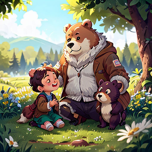 a boy and a girl sitting in the grass with a bear and a bear cub in front of them