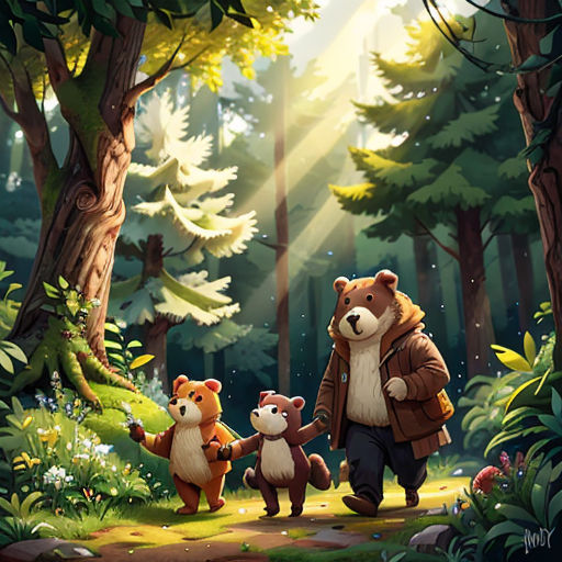 a man and two bears walking through a forest with sunlight streaming through the trees and leaves on the ground