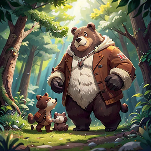 a bear and two cubs in the woods with a forest background and a man in a brown jacket and a dog