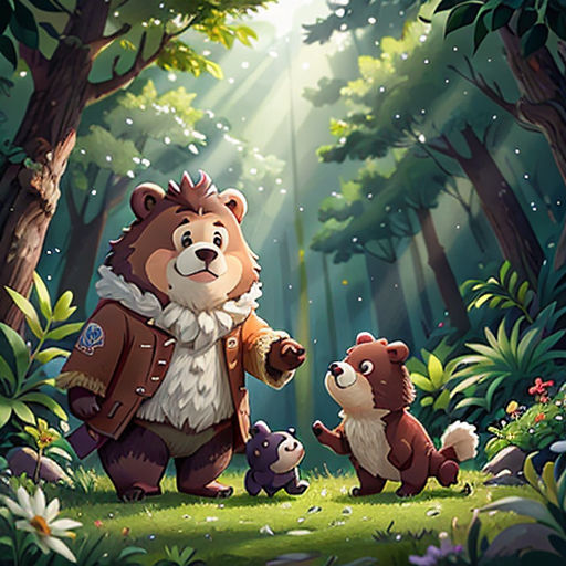a bear and her cub are in the woods with sunlight streaming through the trees and flowers on the ground