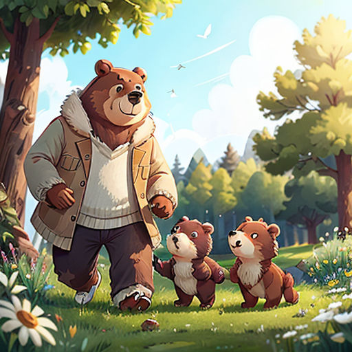 a man walking with two bears in a forest with flowers and trees in the background, and a bird flying overhead