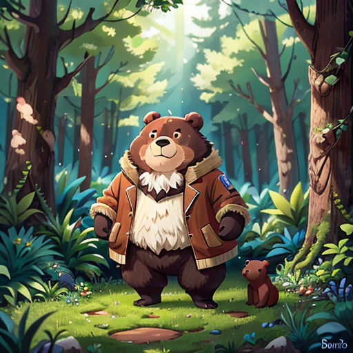 a bear in a forest with a bear cub in the foreground and a bear cub in the background